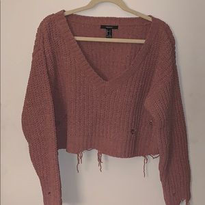 Mauve Distressed Cropped Chenille Sweater